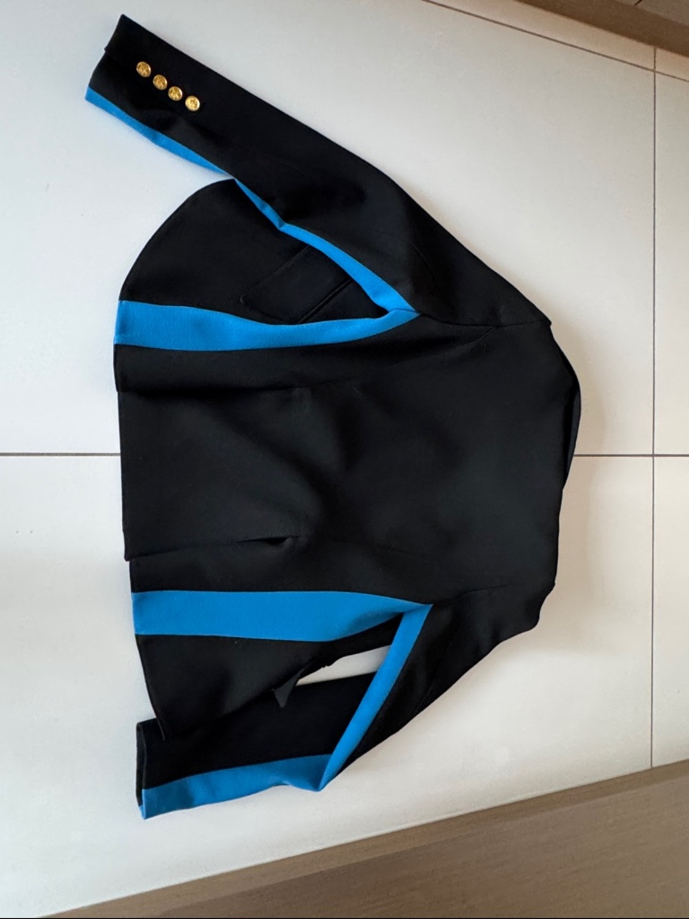Smythe  one button Black  Tuxedo Blazer with Blue Sleeve Stripes - Picture 10 of 11